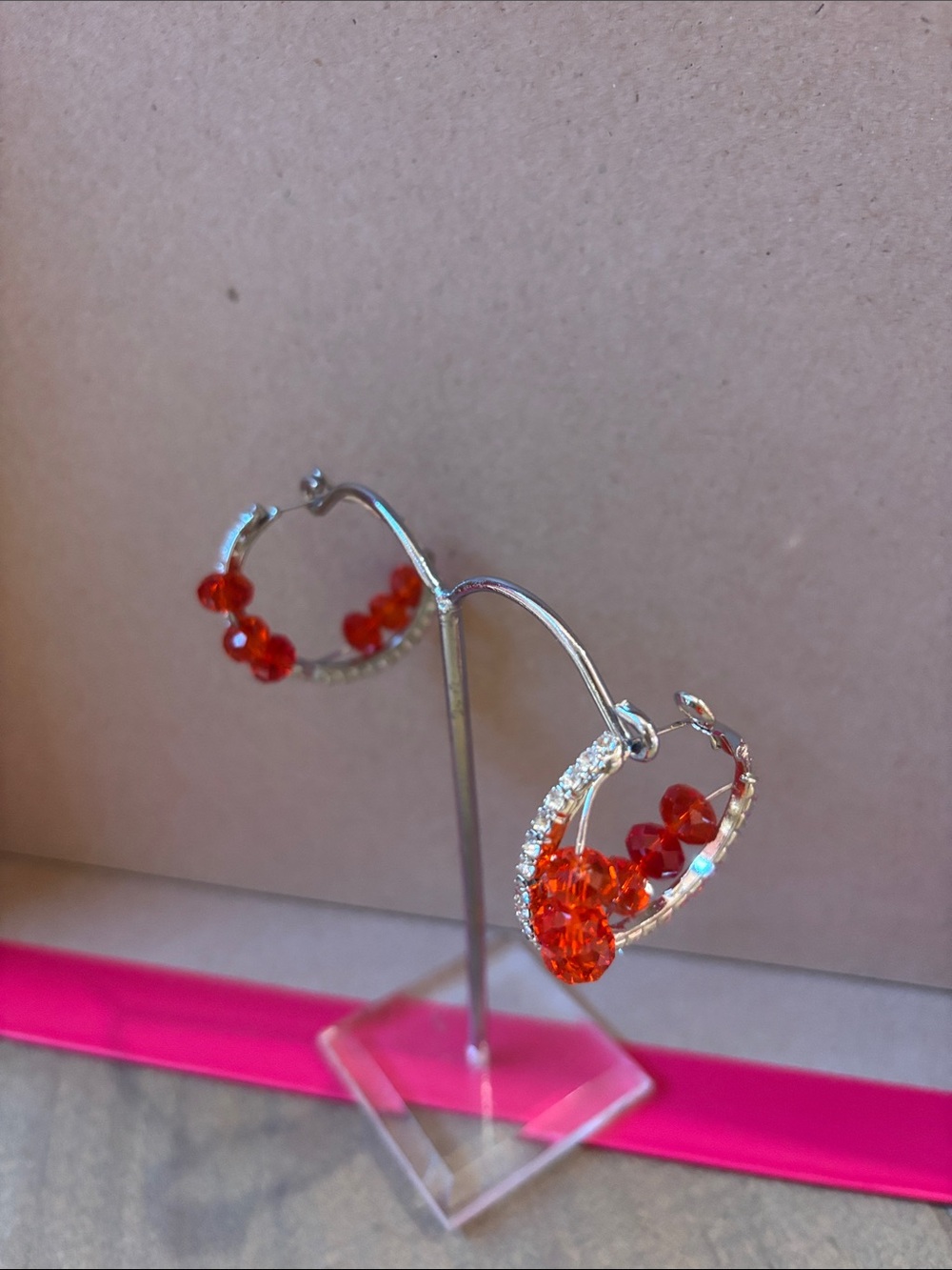 Silver Hoop Earrings with Orange Crystal Accents